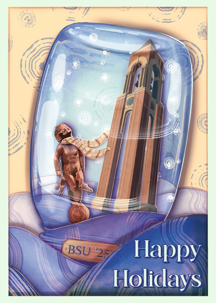Holiday card illustration with Shafer Tower and Beneficence in a snow globe.