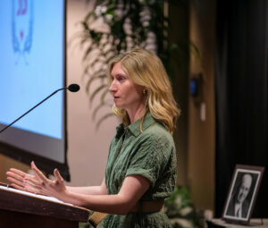 Sarah Cox Dedrick speaks from podium