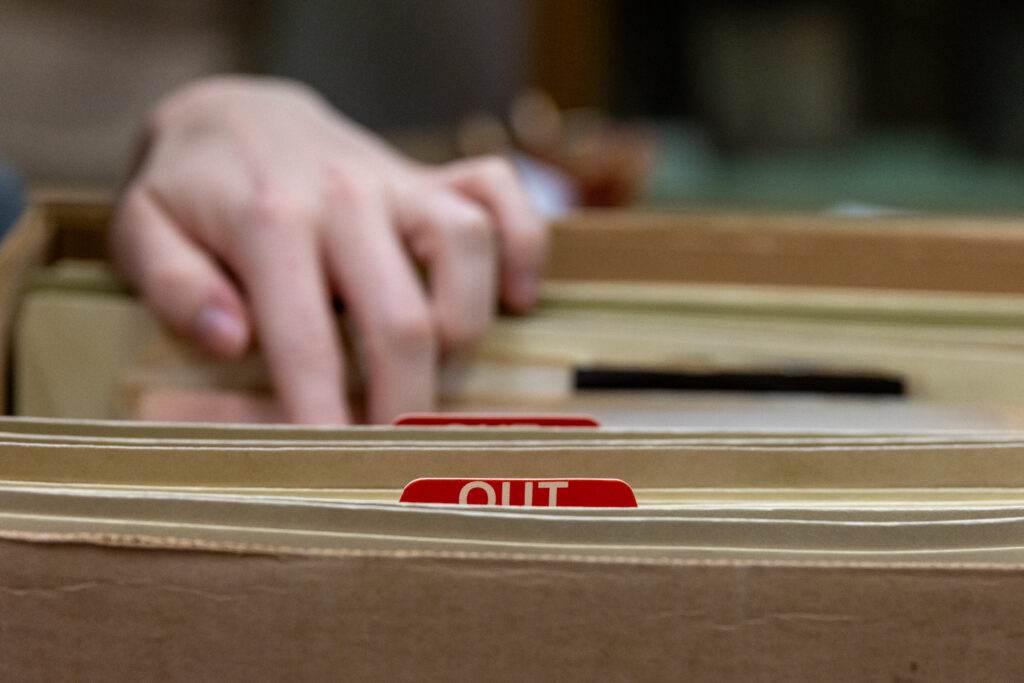 Close shot of folder of documents in the archive