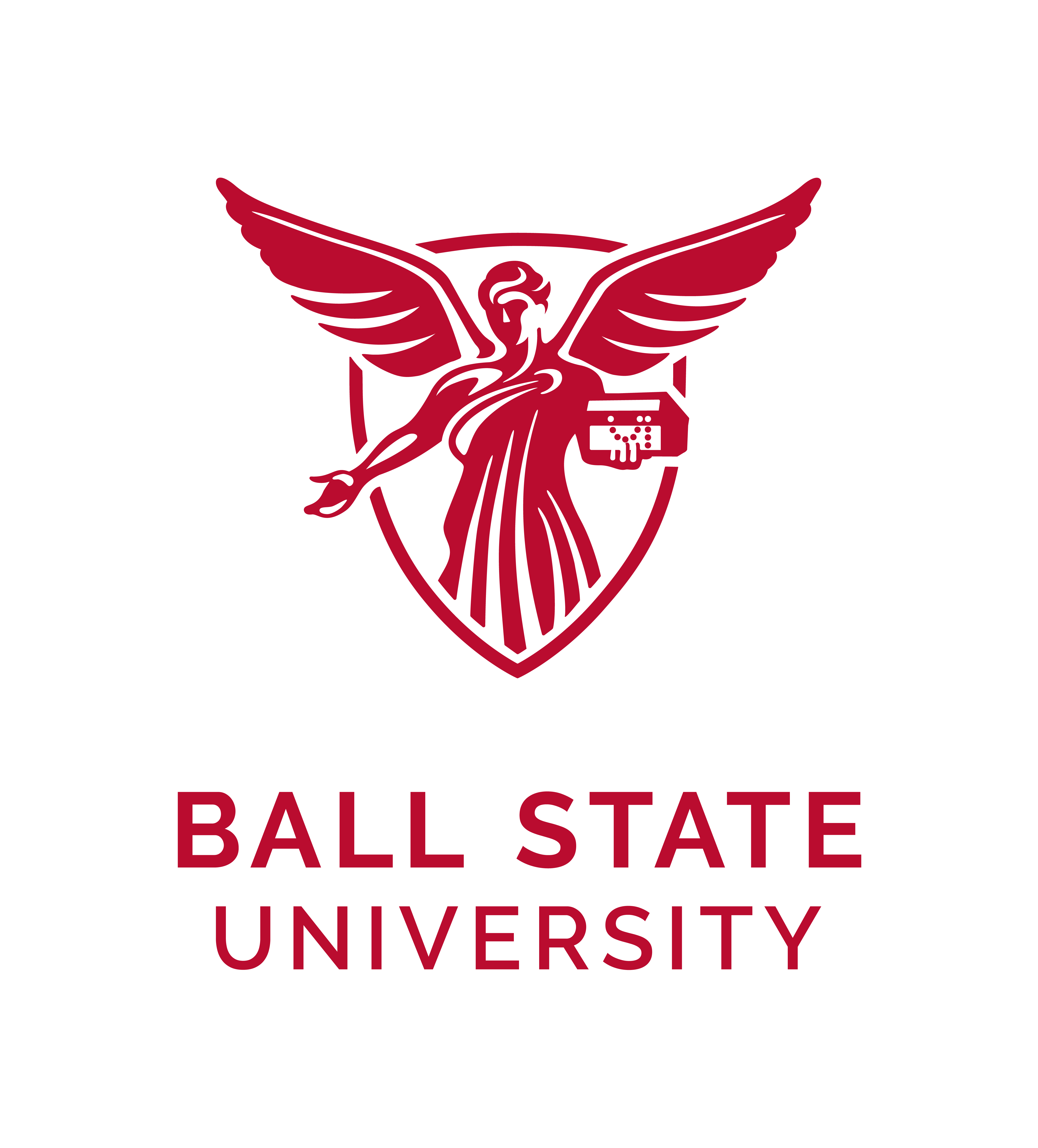 A red logo featuring a winged figure in a robe holding a book, set against a shield. Below the image, the text reads 'BALL STATE UNIVERSITY'.