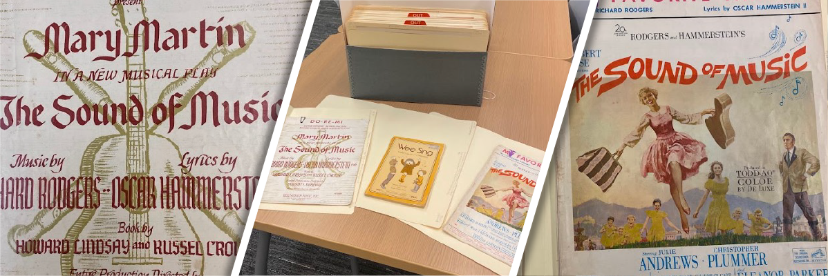 A collage of three images showing various 'The Sound of Music' sheet music and programs, and a card catalog box.