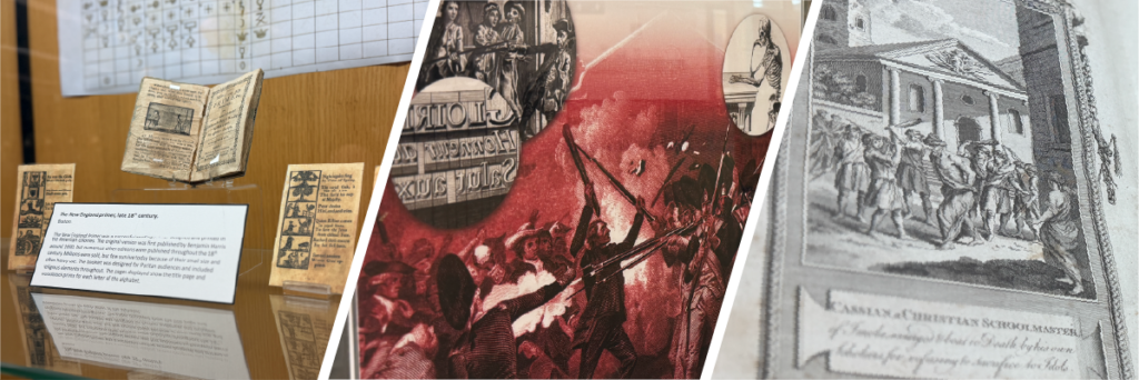 Three images show historical documents and engravings, including a display case with books, an illustration of a battle, and a black-and-white drawing of a colonial-era building.