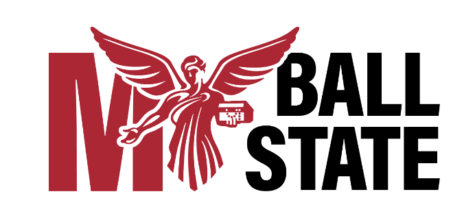 Ball State University logo featuring a red winged figure and a large red letter M, with the words BALL STATE in black text.