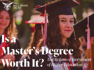 Smiling graduate in a black cap with a red floral decoration and red-and-silver tassel at a Ball State University commencement, with overlaid text “Is a Master’s Degree Worth It? The Return of Investment of Higher Education”. Ball State Online logo in the left hand corner.