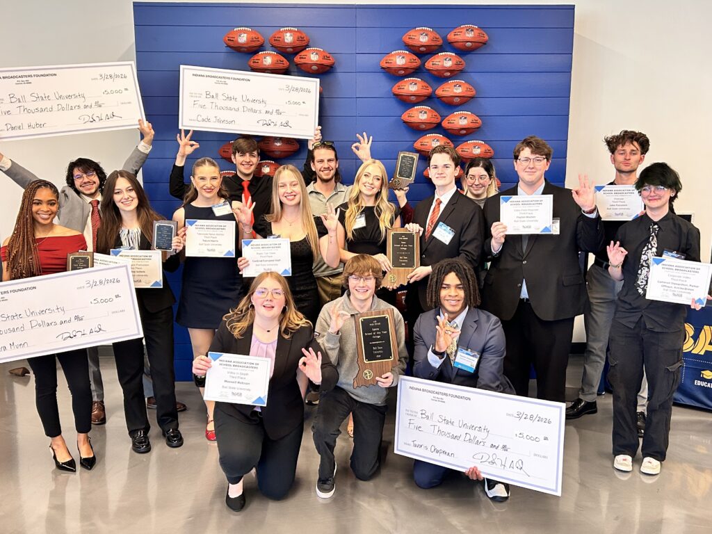 Ball State's Department of Media students pose with their awards and scholarships at the Indiana Association of School Broadcasters Luncheon. 