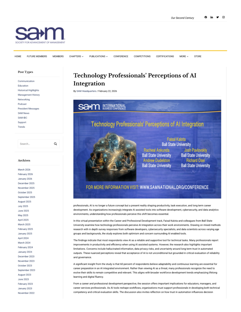 The first page of Dr. Faisal. Kalota's conference presentation titled “Technology Professionals' Perceptions of AI Integration.”