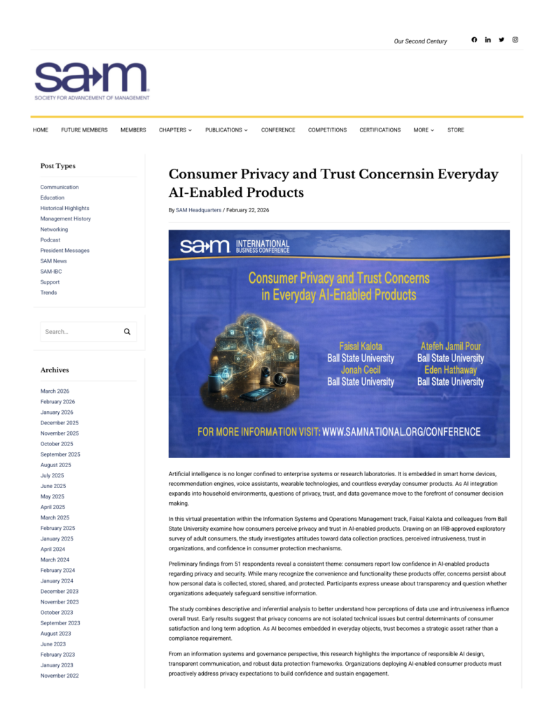 The first page of Dr. Faisal. Kalota's conference presentation titled “Consumer Privacy and Trust Concerns in Everyday AI-Enabled Products."
