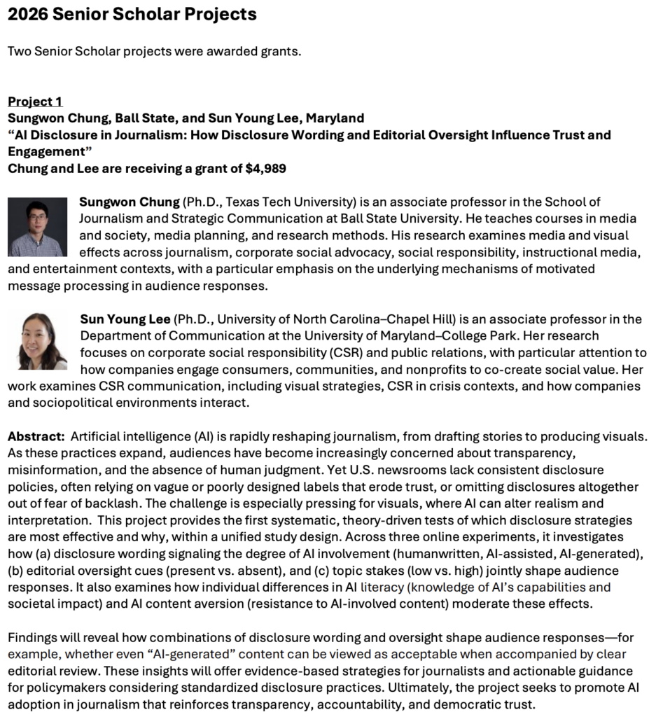 Sungwon Chung's 2026 Senior Scholar Grant award and abstract for project.