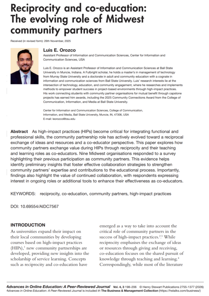 Dr. Luis Orozco's abstract for his recently published journal titled “Reciprocity and co-education: The evolving role of Midwest community partners."