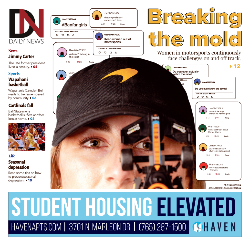 A photo illustration for a story titled "Breaking the Mold" shows a close-up of a woman's face wearing a black baseball cap and holding a model race car up to her eye, overlaid with screenshots of social media comments dismissing women's place in motorsports. The subtitle reads "Women in motorsports continuously face challenges on and off track."
