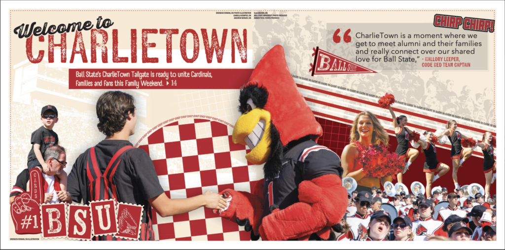 A vibrant, retro-styled spread welcomes readers to "CharlieTown," featuring Ball State's Cardinal mascot interacting with a fan holding a checkered flag, alongside cheerleaders and a packed crowd of Cardinals fans in red and black. The design promotes Ball State's CharlieTown Tailgate event for Family Weekend, incorporating a pull quote, pennant graphic, and bold typography in the university's signature colors.