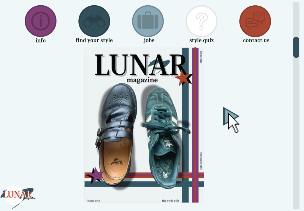 A mockup of the Lunar Magazine, a fashion publication, featuring the cover of Issue One — "The Style Edit" — which displays a Dr. Martens Mary Jane and a teal Adidas sneaker side by side. Navigation icons along the top link to sections including Info, Find Your Style, Jobs, Style Quiz, and Contact Us.
