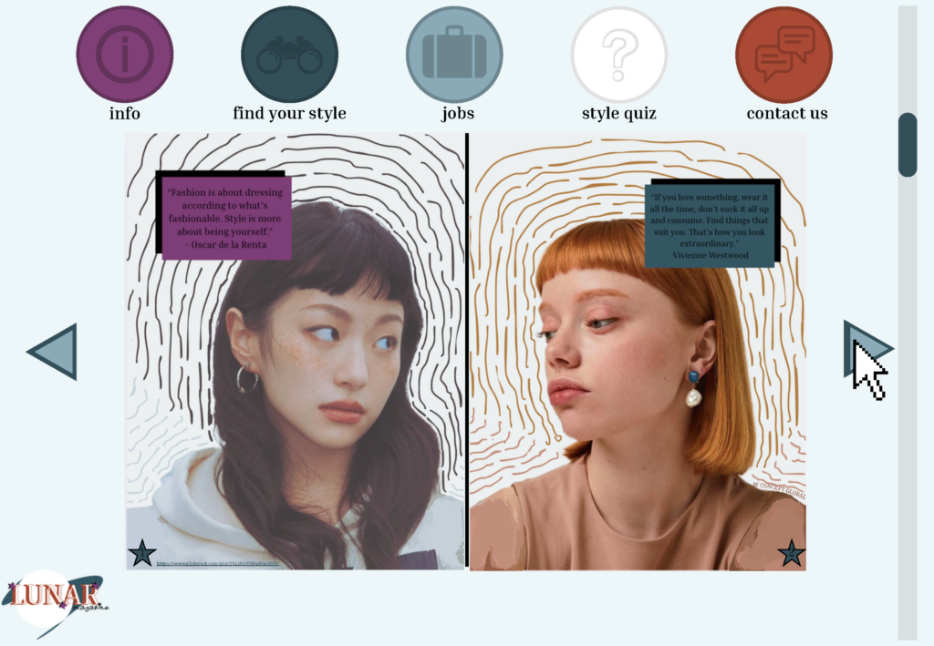 The second page of the Lunar Magazine mockup displays two editorial-style fashion portraits side by side, each overlaid with abstract line illustrations and quotes about personal style from Oscar de la Renta and Vivienne Westwood. Navigation arrows on either side indicate this is part of a scrollable or paginated layout.