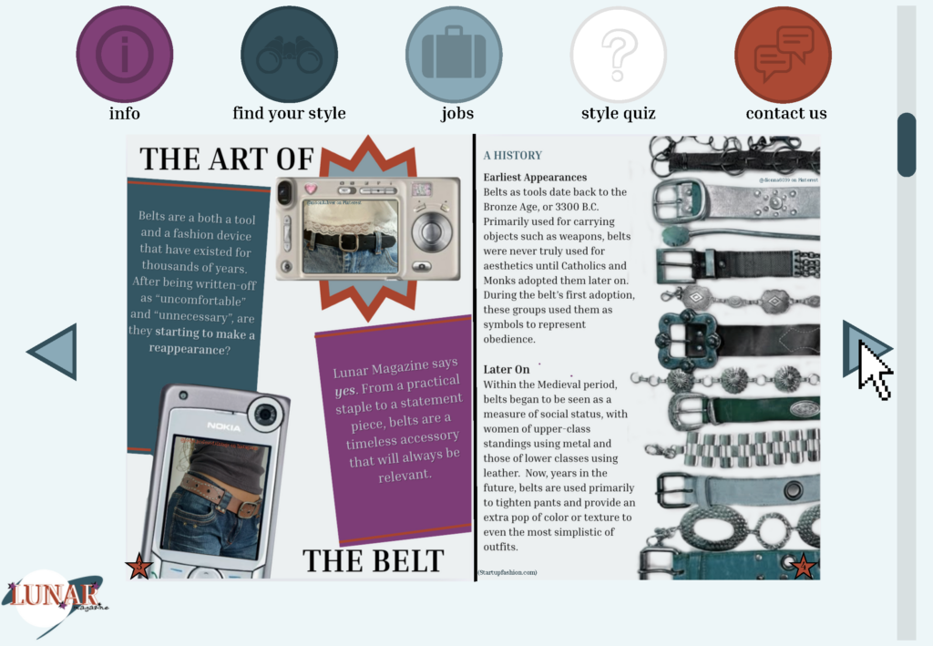 The third page of the Lunar Magazine mockup features a fashion article titled "The Art of the Belt," with retro-styled photos of belted outfits on the left, a brief history of belts from the Bronze Age to present day in the center, and a vertical grid of various belt styles on the right. The layout combines editorial text, bold typography, and collage-style imagery to make the case for belts as a timeless fashion accessory.