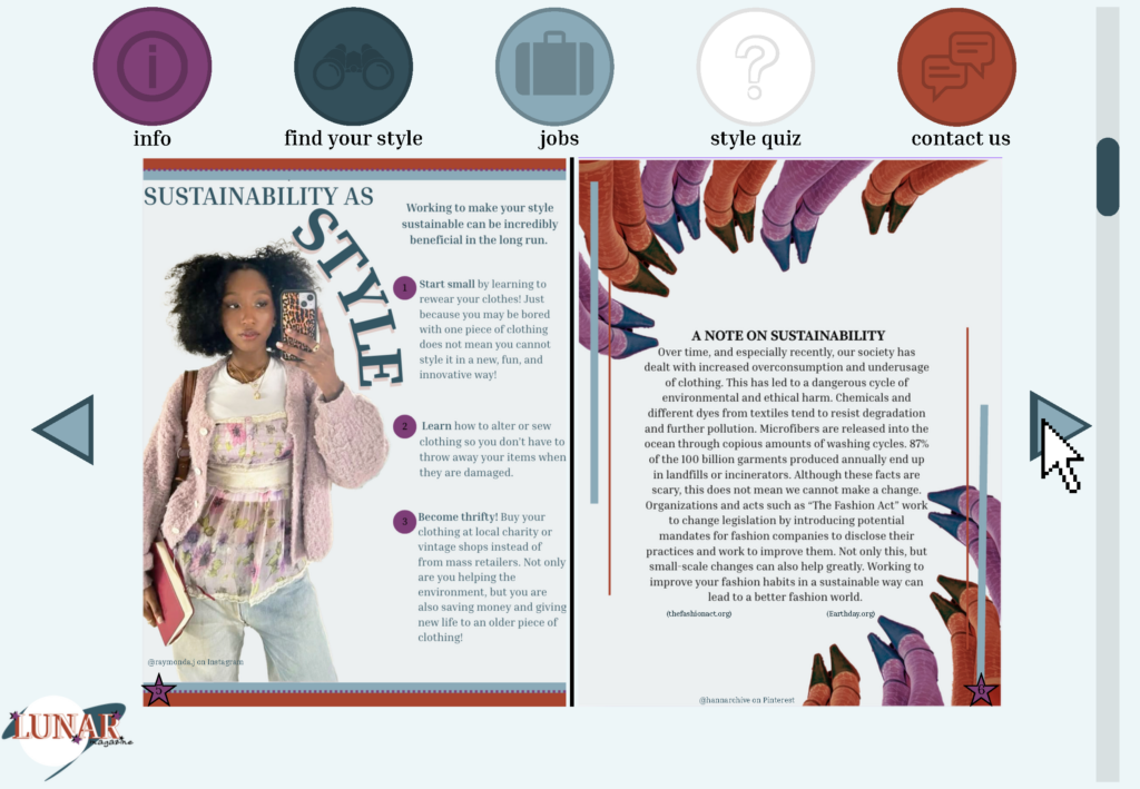 The fourth page of the Lunar Magazine mockup presents a two-panel spread on sustainable fashion, with a mirror selfie of a woman in a layered, thrifted-style outfit on the left alongside three tips for building a sustainable wardrobe, and a editorial photo of colorful heels paired with an informational essay on the fashion industry's environmental impact on the right.