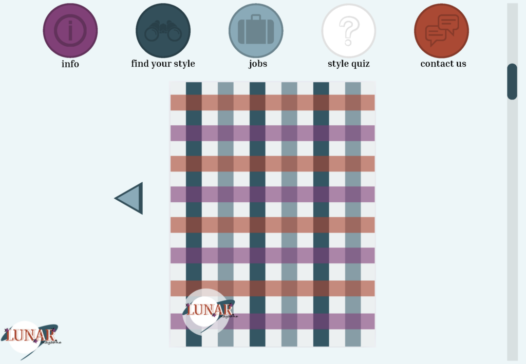 The fifth and final page of the Lunar Magazine mockup displays a back-cover-style closing page featuring a bold plaid pattern in teal, mauve, and terracotta overlaid with the Lunar Magazine logo. The navigation arrow appears only on the left side, indicating this is the last page of the layout.