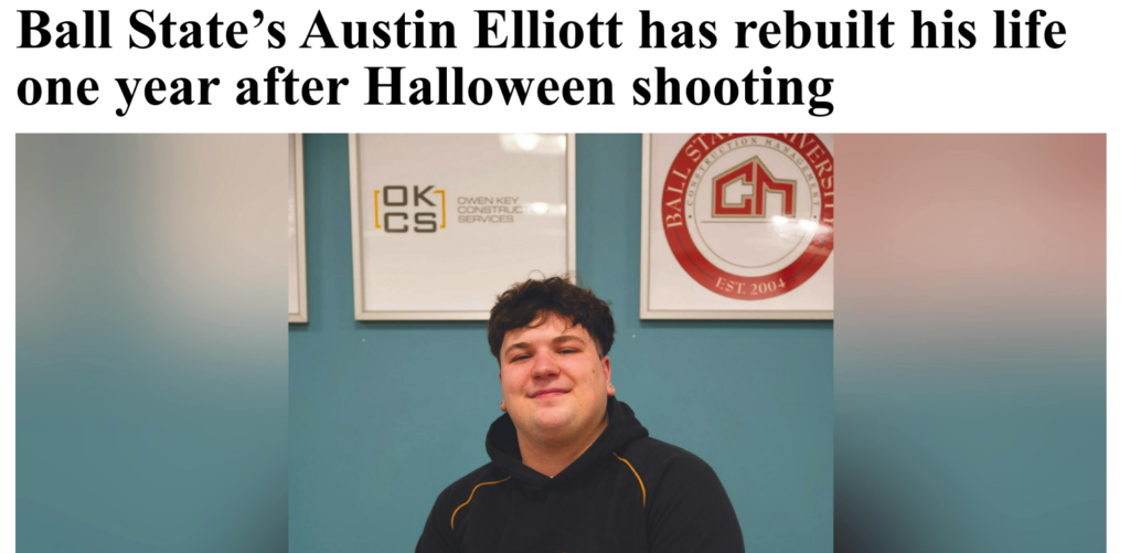 Austin Elliott smiles in front of a teal wall. The photo accompanies a feature story about his recovery in the year following a Halloween shooting.