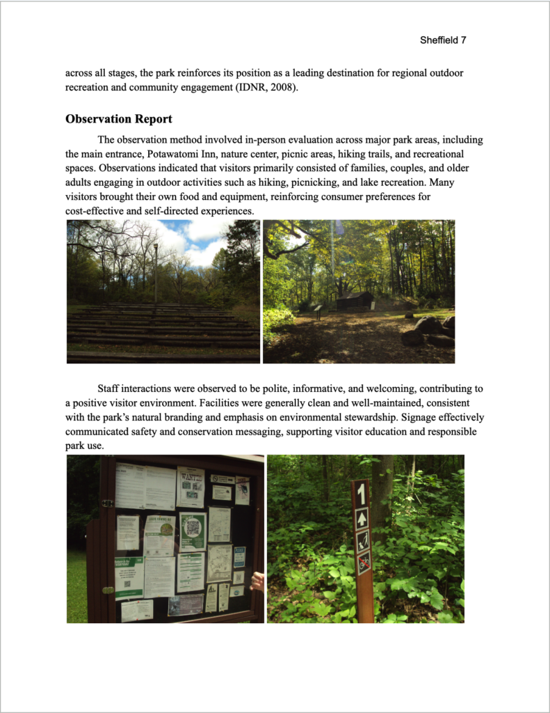 Page seven of the Pokagon State Park Brand Analysis Report features an Observation Report section accompanied by four photos documenting park facilities, including a wooded amphitheater, a rustic trailside cabin, an informational bulletin board, and a numbered trail marker sign surrounded by lush greenery.
