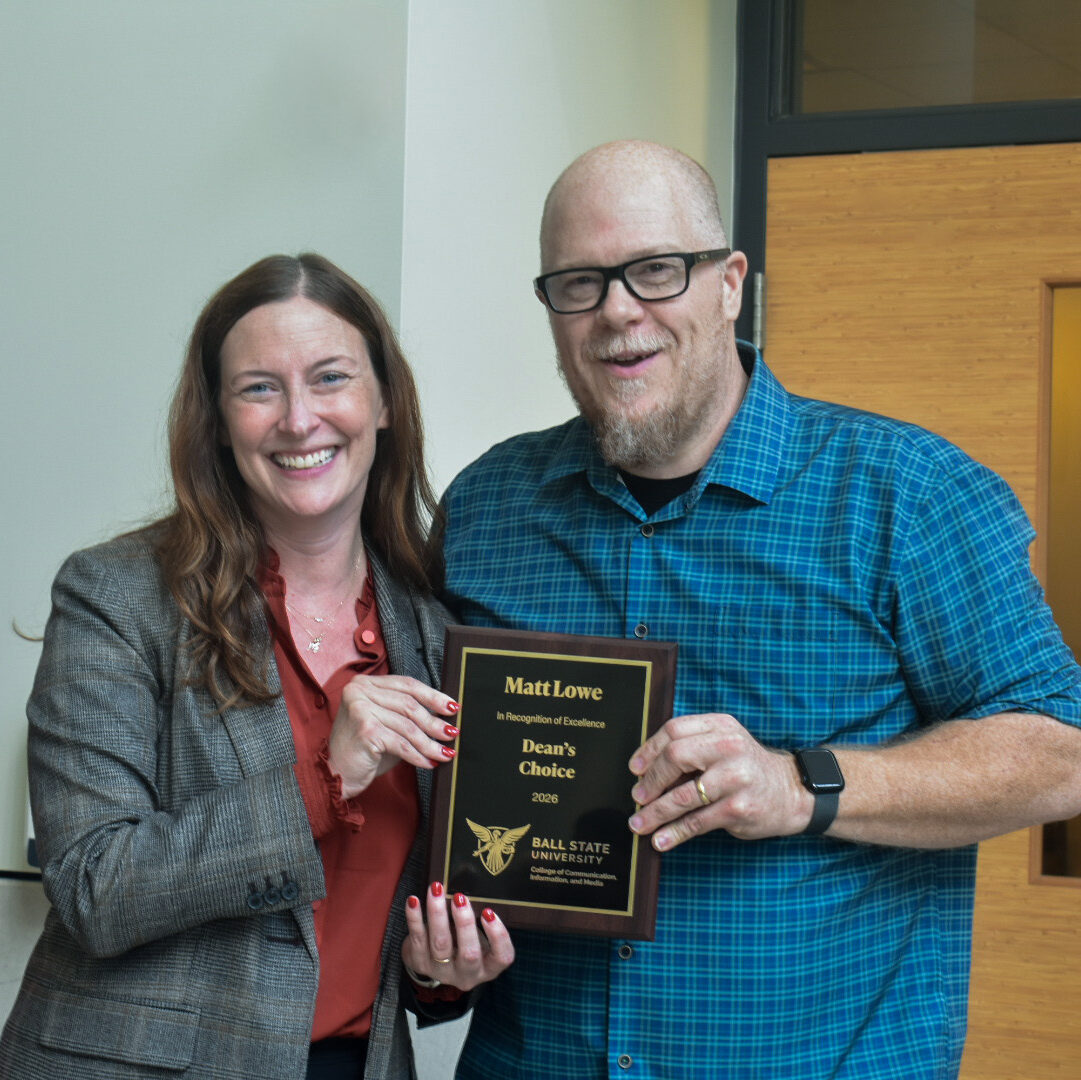Dean McCauliff poses with Matt Lowe for the CCIM Dean's Choice award at the 2026 CCIM Faculty Awards Ceremony.