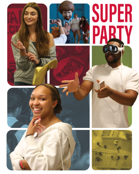 A poster featuring photos from previous events where students interact and take photos advertising the upcoming event SuperParty.