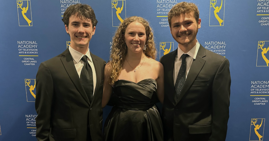 Jude Kieffer, left, Ashlynne Owens, center, and Josh Bobay, right, smile for a photo at the 2026 NATAS Central Great Lakes Regional Emmy® Awards event in Cleveland. 