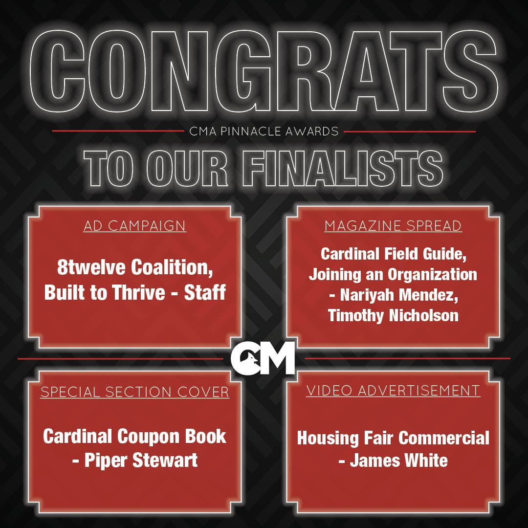 Congrats graphic for four Cardinal Media finalists with Pinnacle Awards. 
