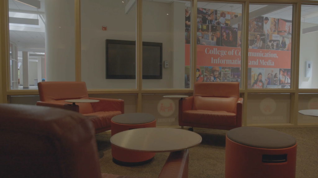 A photo from inside the CCIM Student Success and Outreach Office, looking into the hallway of the Ball Communication building.