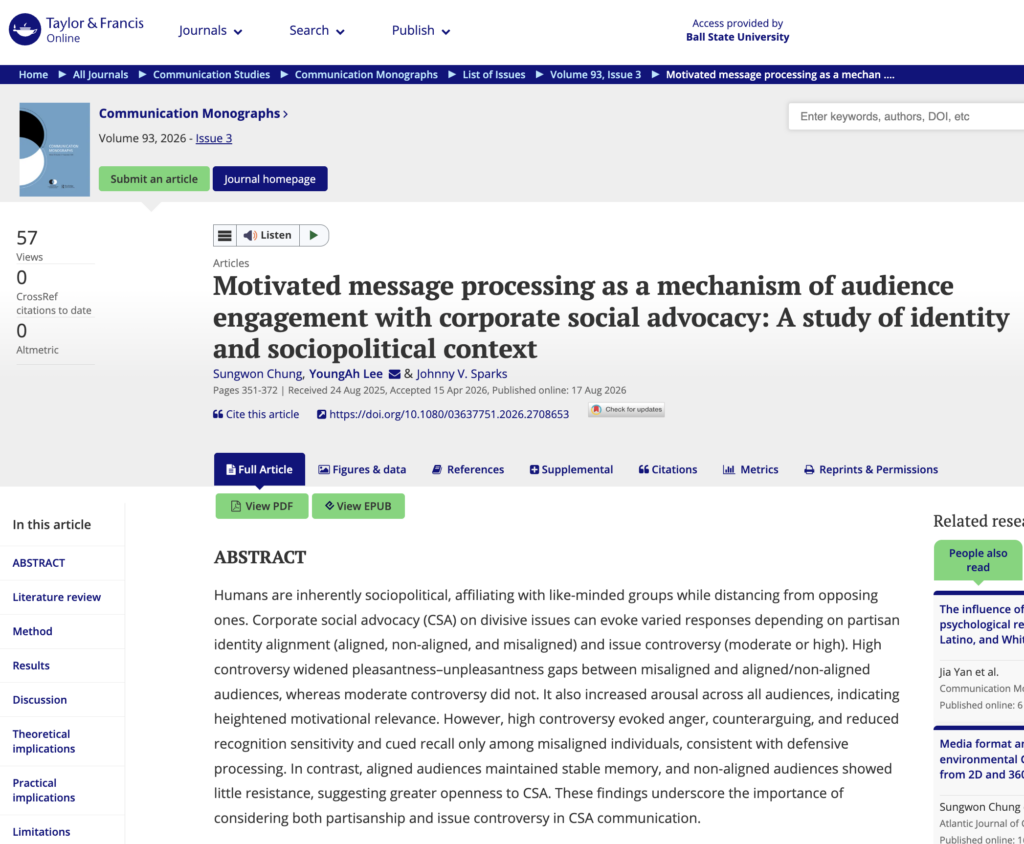 A screenshot of the article "Motivated message processing as a  mechanism of audience engagement with corporate social advocacy: A study of identity and sociopolitical context."