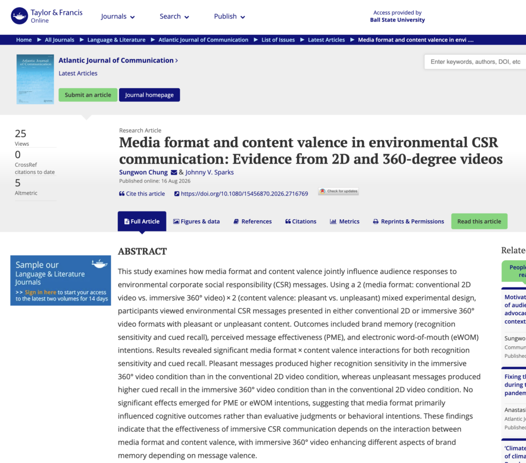 A screenshot of the article "Media format content and valence in environmental CSR communication: Evidence from 2D and 360-degree videos"
