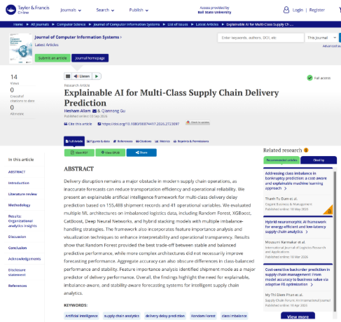 A screenshot of the article "Explainable AI for Multi-Class Supply Chain Delivery Prediction" 