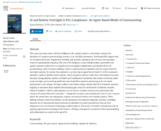 A screenshot of the article "AI and Robotic Oversight in ESG Compliance: AN agent-Based Model of Greenwashing.