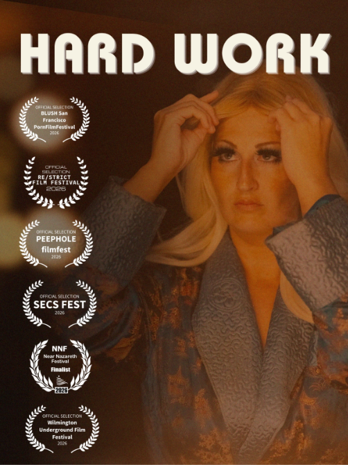 Poster of the short film "Hard Work" featuring a woman putting on a blonde wig wearing a blue coat.