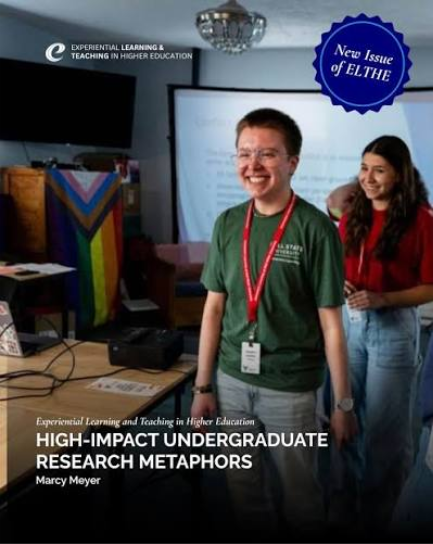 Photo poster with a student smiling wearing a green shirt, a text overlay says "High-Impact Undergraduate Research Metaphors" 