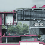 Aiden Henning's render of his steel building design. The building design takes inspiration from and nearby train trestle.