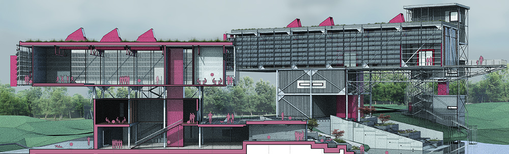 Aiden Henning's render of his steel building design. The building design takes inspiration from and nearby train trestle.