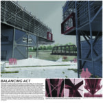 First board in a series of four with the title of the project "Balancing Act", project statement, and overall view of his building design in one large image with three smaller views along the bottom next to the title.