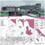 Rendered side view of Aiden's building design along the top of the board with schematic drawings below indicating location on the plot of land designated for the building.