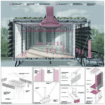 Large render of a cut away of the main building for the dance studio. Below the render, multiple boxes show drawings of sections for how the steel structure is assembled.