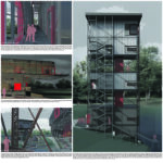 This illutration show the three level Bridge Museum tower. Visitors start at the lowest level, and work their way up through the exterior stairs, stopping at various lookout points to reference the existing Trestle. The lowest level displays larger models and artifacts of trains. The second level houses drawings and plans of historic railroads in the city. The third and fourth levels display artistic works done by the community.