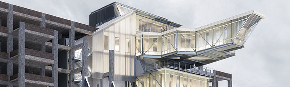 A small slice of Gabriels render showing only the top of his of his building titled "Reclaimed". The section shows a cantilevered walkway overlooking the site.