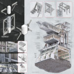 This design board shows a large view of the cantilever portion of the building on the right with multiple smaller detailed drawings of how pieces are connected and put together for the cantilever section.
