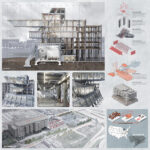 An architectural presentation board featuring a cross-section, 3D renders, and a site plan of a modern building design in Detroit, MI.