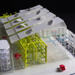 The end view of the 3D model showing the different levels of her redesigned parking garage that is no longer being used for cars but housing people with designated spaces for different activities.