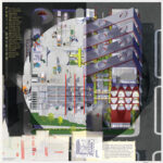 Design board of Claire's showing a collage of the new spaces designed within the old parking garage. Including courtyards and balconies outside of residential units make for more commons spaces. Small pop up structures for businesses.