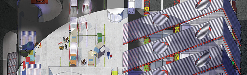 A small slice of Claires design board showing some of the new spaces designed in the old parking structure.