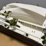 Scale model of Riverton Ross' conceptual building using 3D laser printing and corrugated board for the landscape elevations.