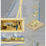 poster showing illustrations of the side view of the building with close-up sections showing more details.