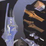 Poster of the Flexus Project showing the wire frame of the building along with break-out sections and how they fit together.