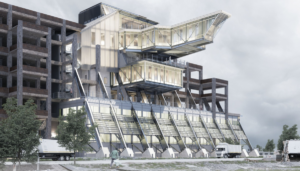 Gabriel Barton's illustration of his steel structure using multiple steel supports in a row in an angle with a cantilever area at the top level of the building.