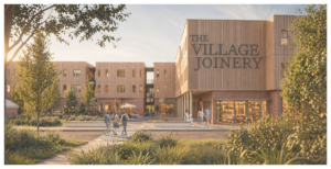 Dylan and Amari's illustration of their building uses vertical wood strips with space in-between around the whole structure. The Village Joinery words are placed on one of the facades.